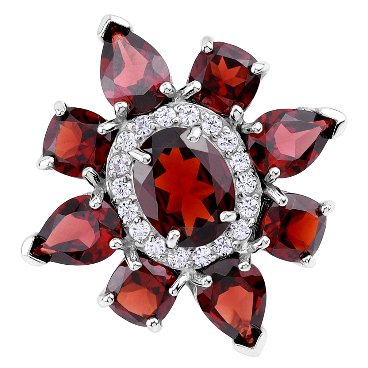 8.27 CTW Natural Red Garnet White Gold Plated 925 Sterling Silver Flower Cluster Cocktail Ring silvershake