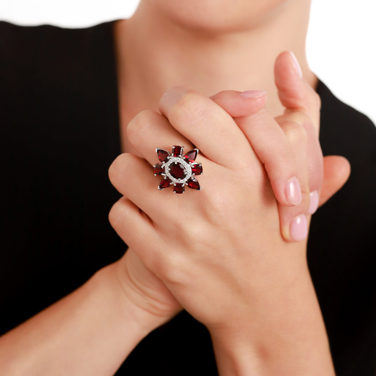 8.27 CTW Natural Red Garnet White Gold Plated 925 Sterling Silver Flower Cluster Cocktail Ring silvershake