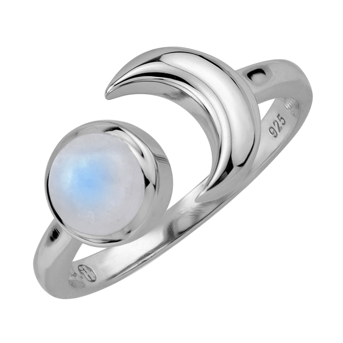 6MM Natural Round Shape Rainbow Moonstone 925 Sterling Silver Crescent Moon Open Front Ring silvershake