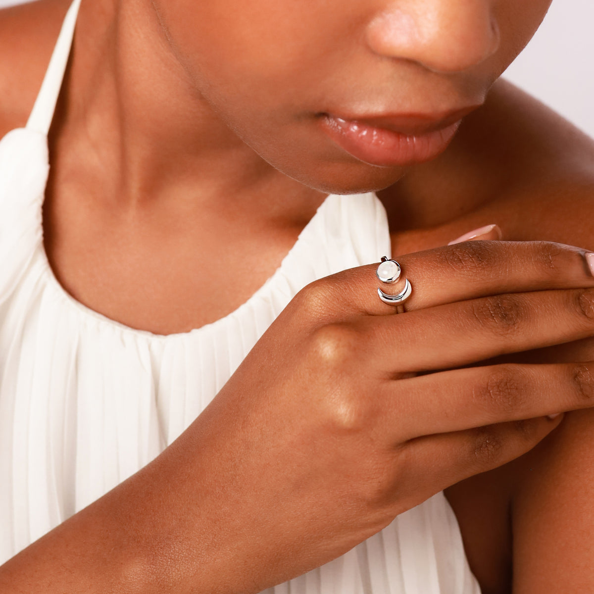6MM Natural Round Shape Rainbow Moonstone 925 Sterling Silver Crescent Moon Open Front Ring silvershake