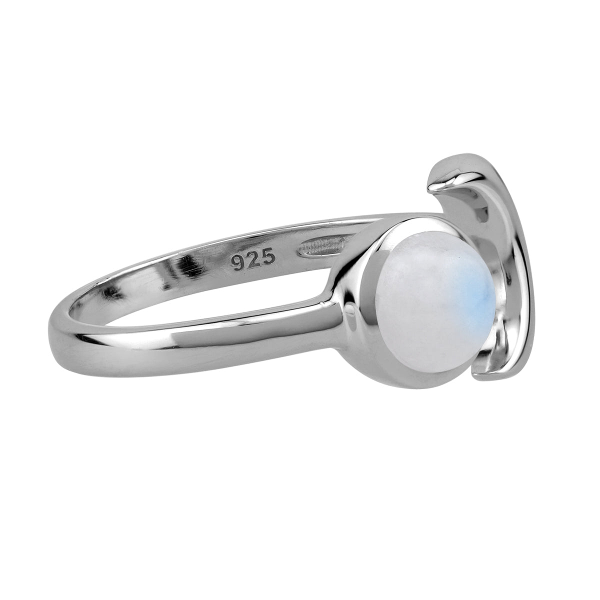 6MM Natural Round Shape Rainbow Moonstone 925 Sterling Silver Crescent Moon Open Front Ring silvershake