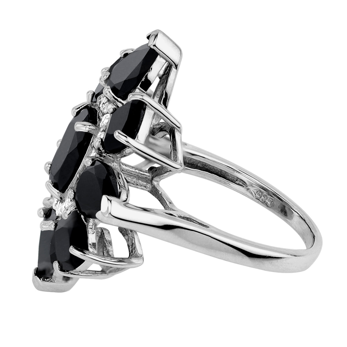 Natural Black Onyx 925 Sterling Silver Flower Cocktail Cluster Gemstone Ring silvershake