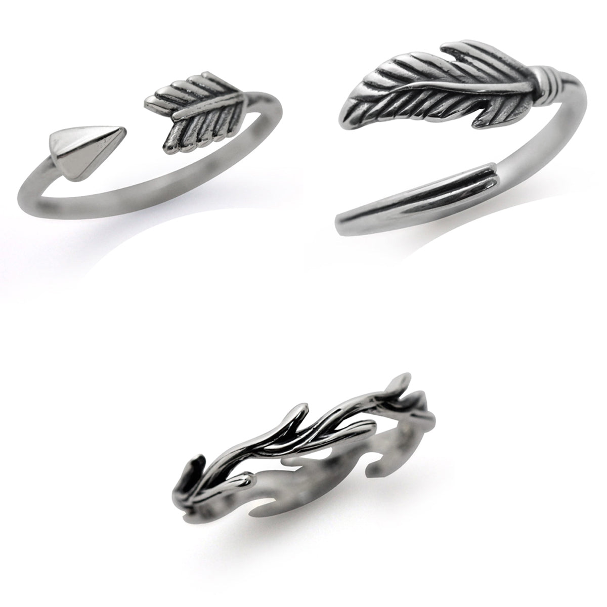 925 Sterling Silver Feather, Arrow & Wood Texture 3-Pc Set Knuckle/Midi Ring silvershake