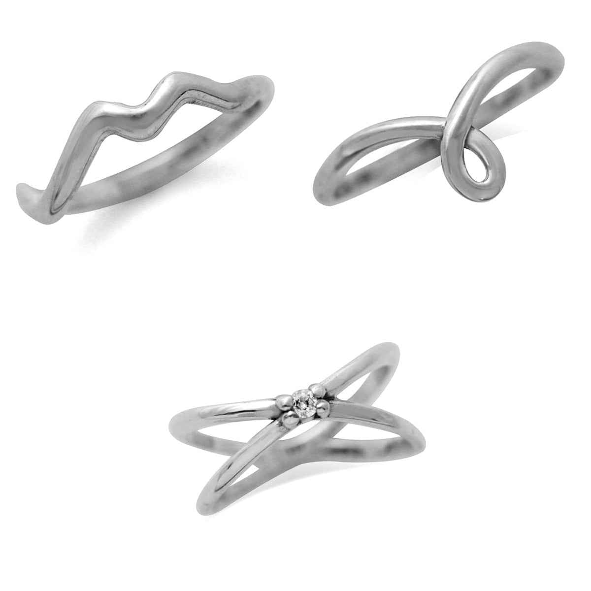 925 Sterling Silver CZ Cross-Band, Knot & Wave 3-Pc Set Knuckle/Midi Ring