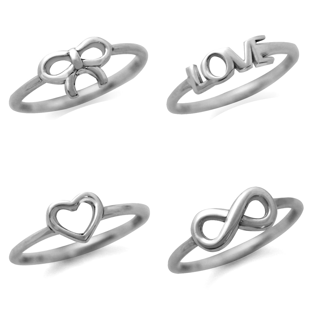 925 Sterling Silver Infinity Knot, Heart, Love & Bow 4-Pc Set Knuckle/Midi Ring silvershake