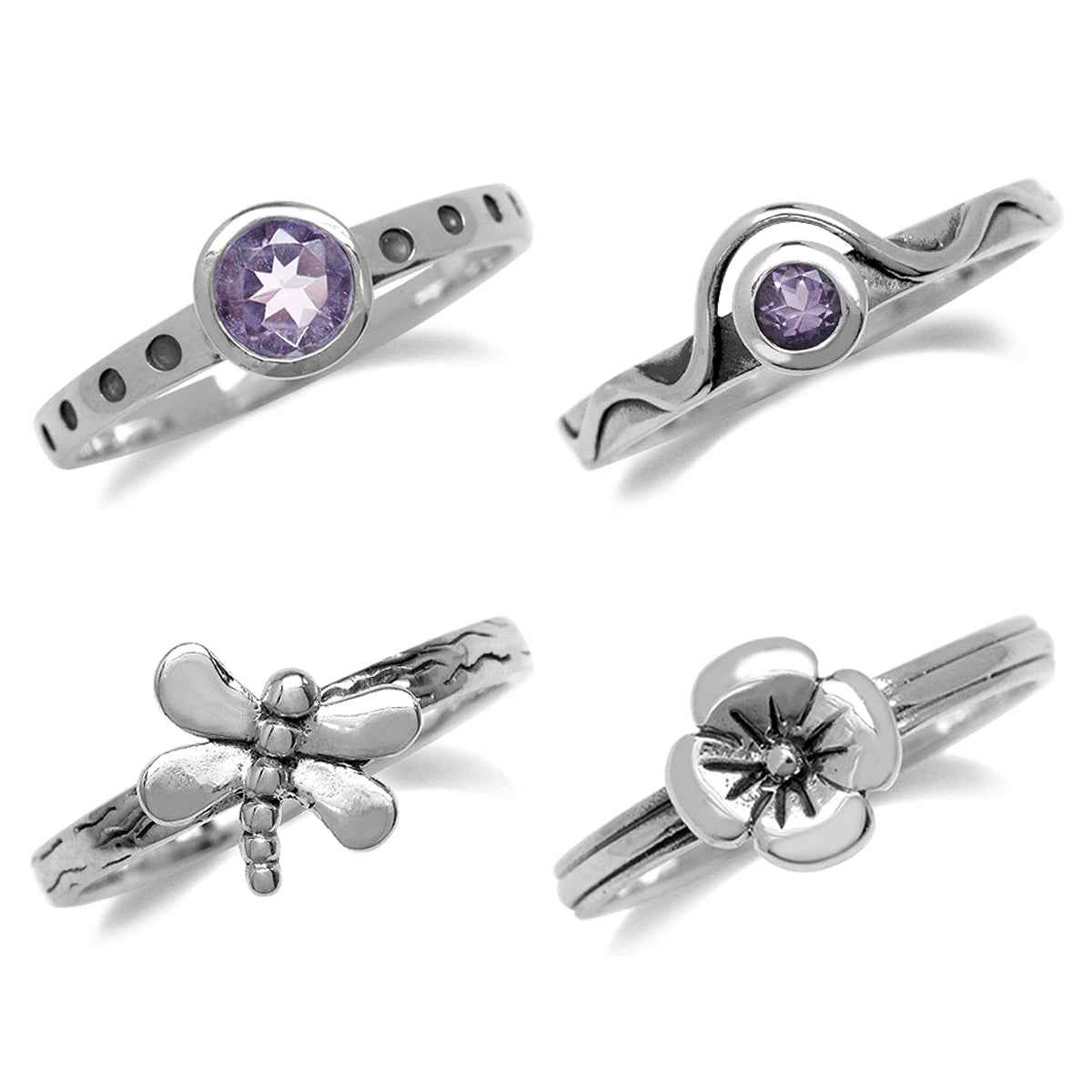 Set of 4 Natural Amethyst 925 Sterling Silver Dragonfly and Flower Stack Stackable Rings