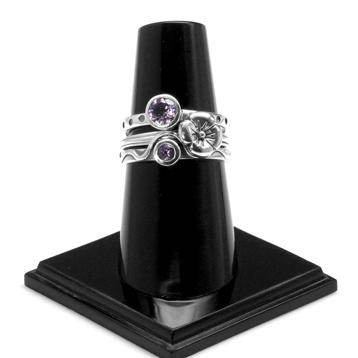 Set of 4 Natural Amethyst 925 Sterling Silver Dragonfly and Flower Stack Stackable Rings