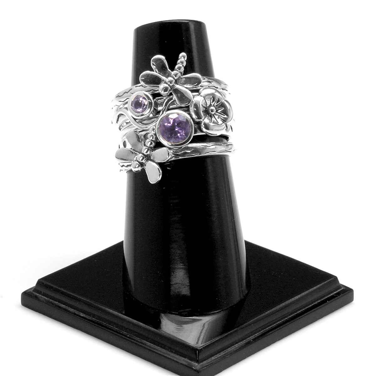 Set of 4 Natural Amethyst 925 Sterling Silver Dragonfly and Flower Stack Stackable Rings