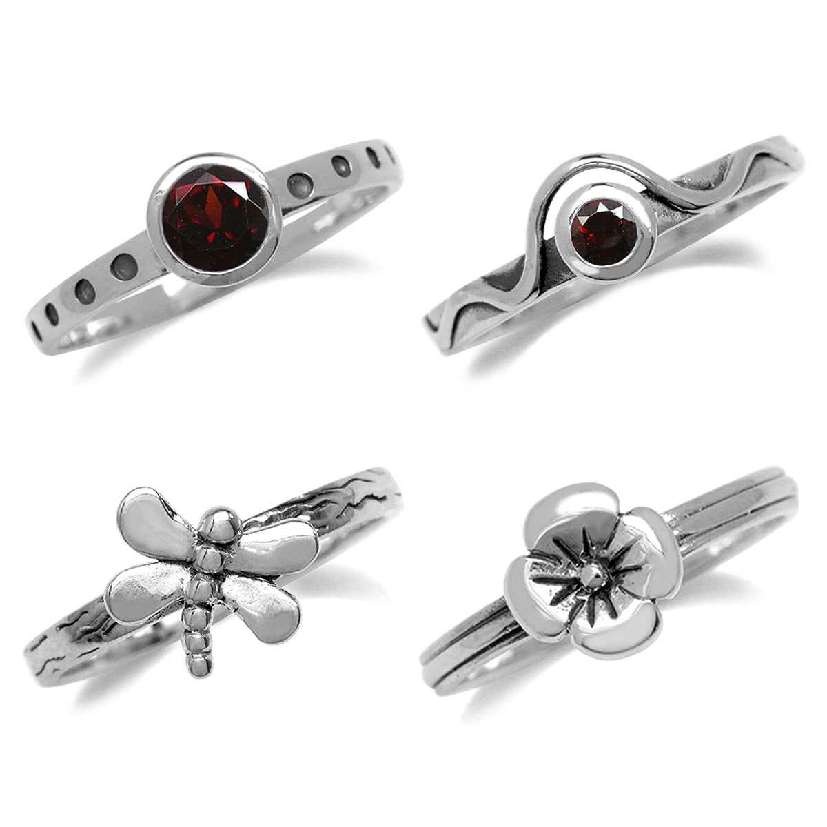 Set of 4 Natural Garnet 925 Sterling Silver Dragonfly and Flower Stack Stackable Rings