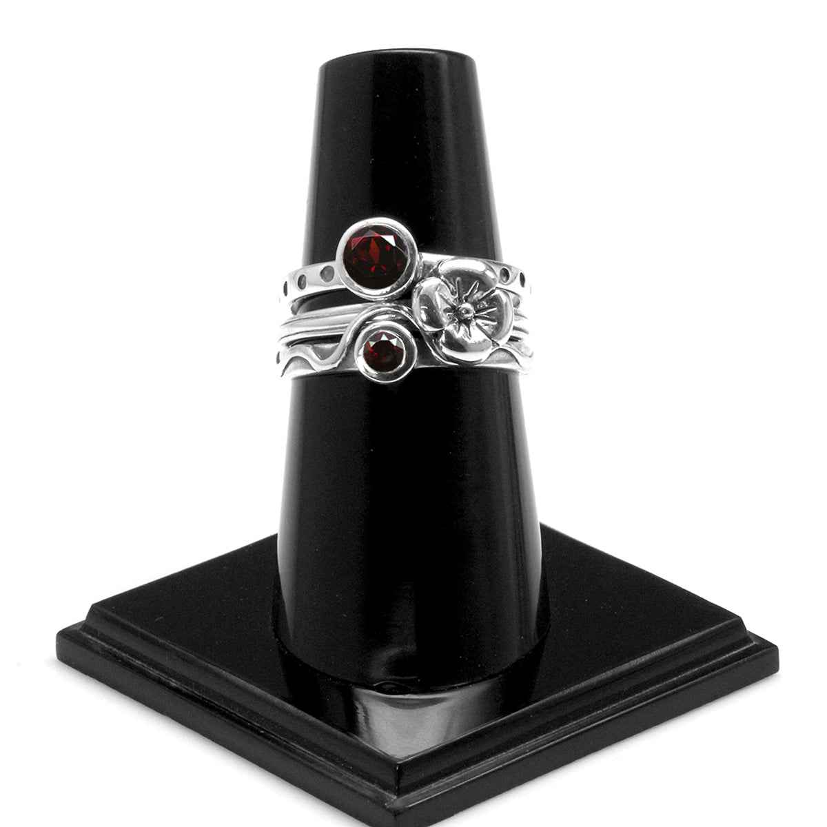 Set of 4 Natural Garnet 925 Sterling Silver Dragonfly and Flower Stack Stackable Rings