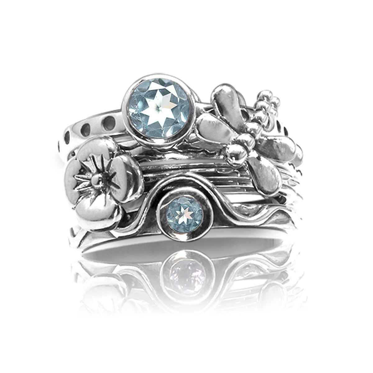 Set of 4 Genuine Blue Topaz 925 Sterling Silver Dragonfly and Flower Stack Stackable Rings