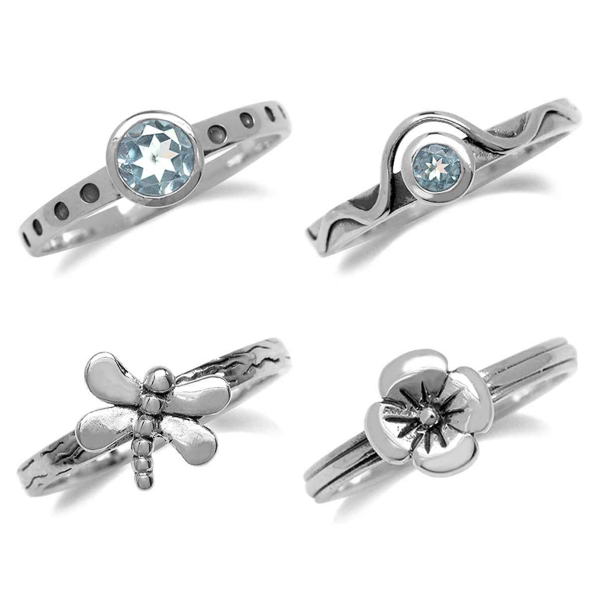 Set of 4 Genuine Blue Topaz 925 Sterling Silver Dragonfly and Flower Stack Stackable Rings