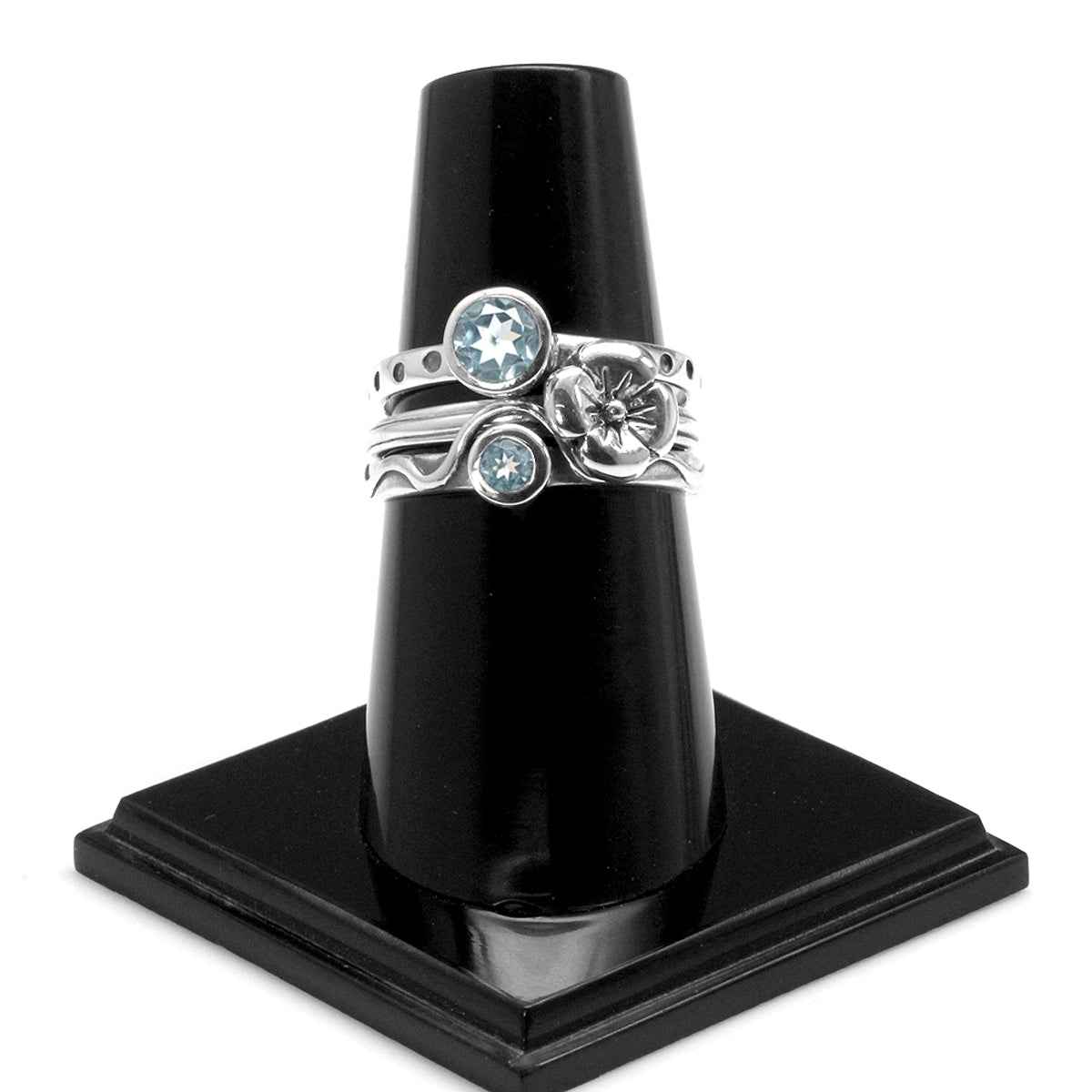 Set of 4 Genuine Blue Topaz 925 Sterling Silver Dragonfly and Flower Stack Stackable Rings