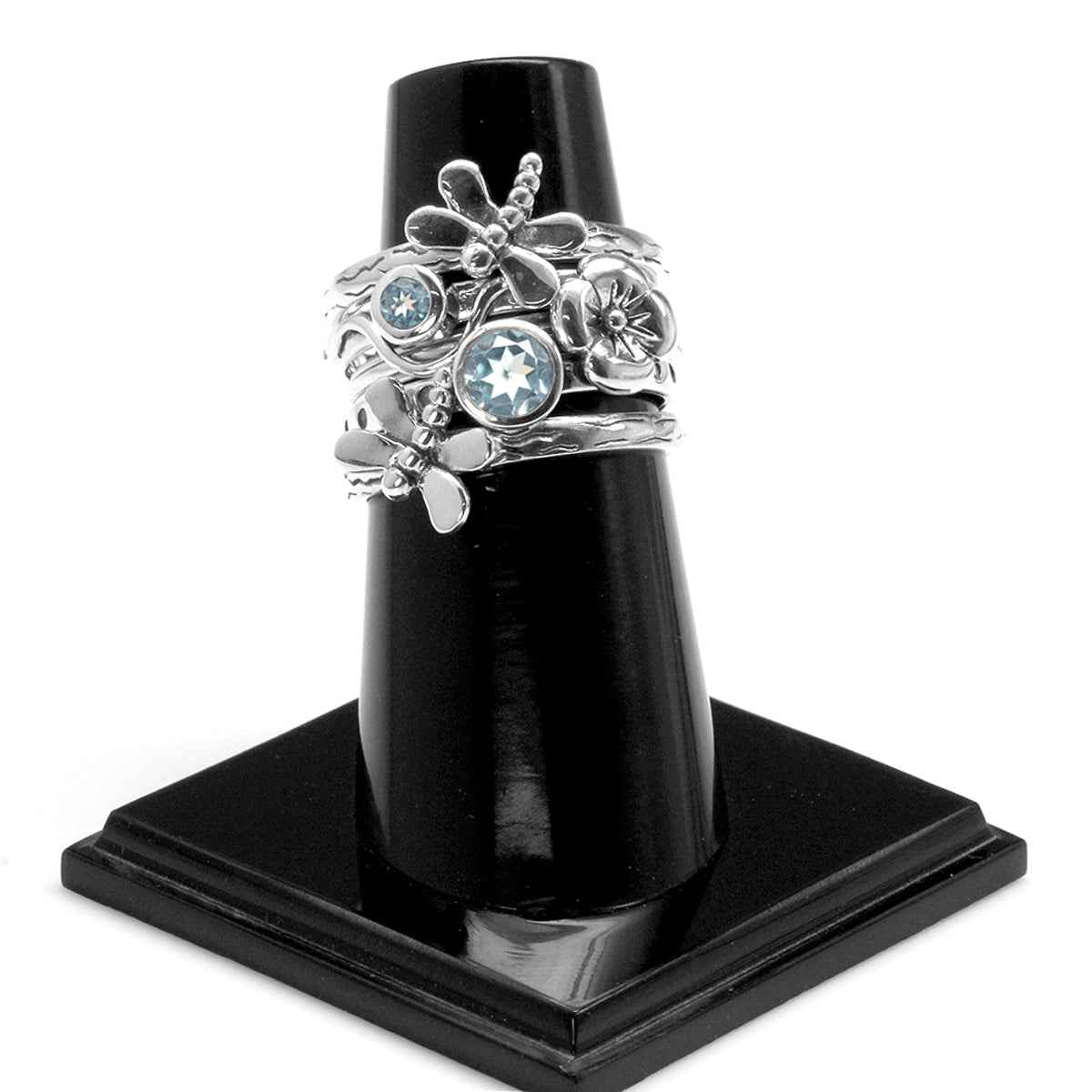 Set of 4 Genuine Blue Topaz 925 Sterling Silver Dragonfly and Flower Stack Stackable Rings