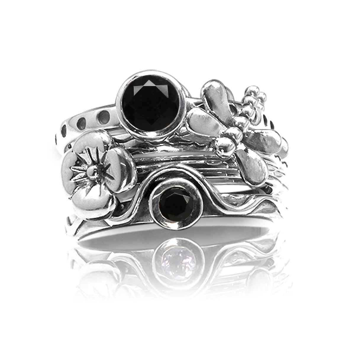Set of 4 Natural Black Onyx 925 Sterling Silver Dragonfly & Flower Stack/Stackable Rings