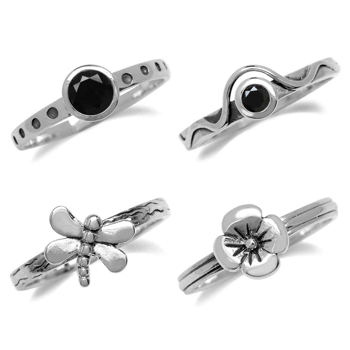 Set of 4 Natural Black Onyx 925 Sterling Silver Dragonfly & Flower Stack/Stackable Rings