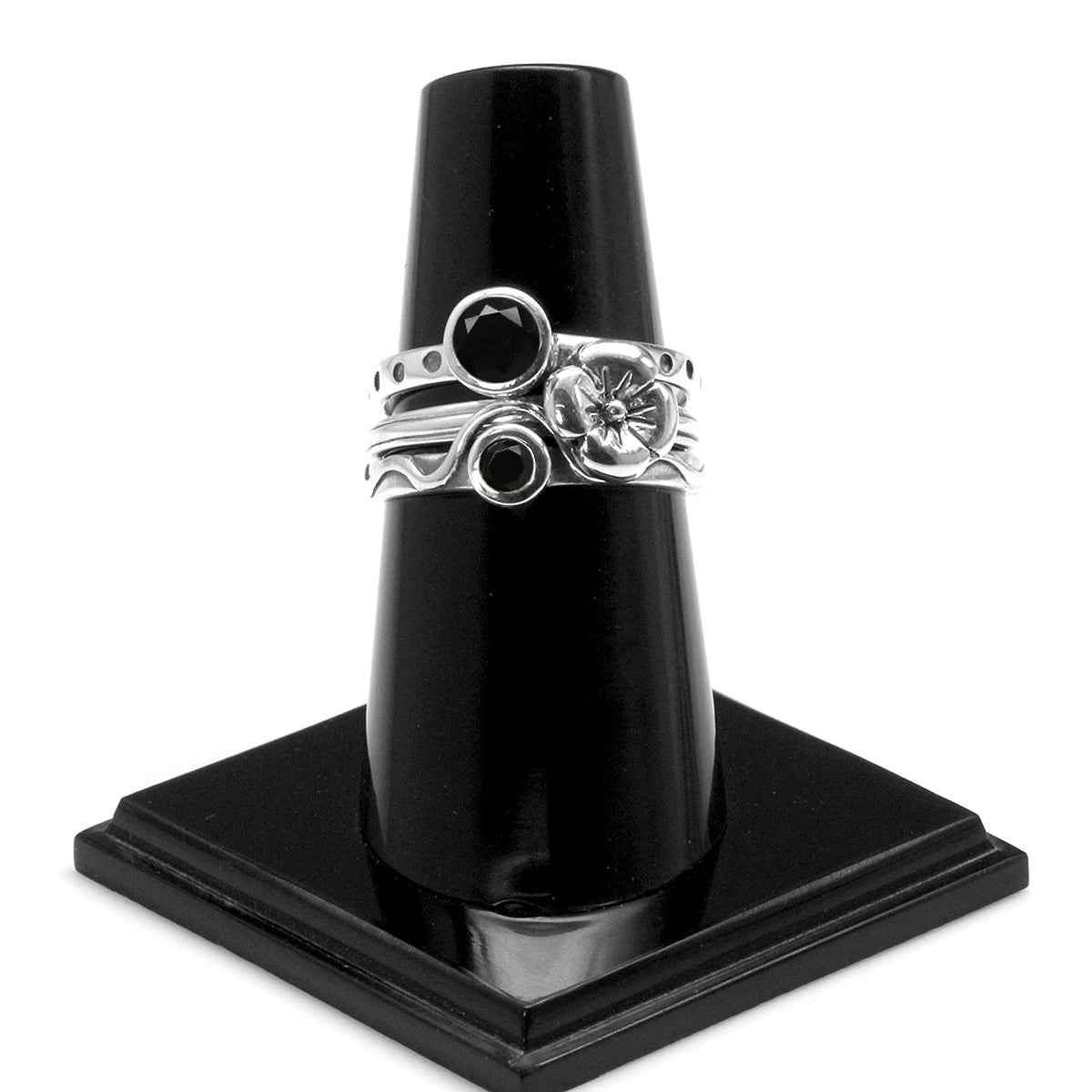 Set of 4 Natural Black Onyx 925 Sterling Silver Dragonfly & Flower Stack/Stackable Rings