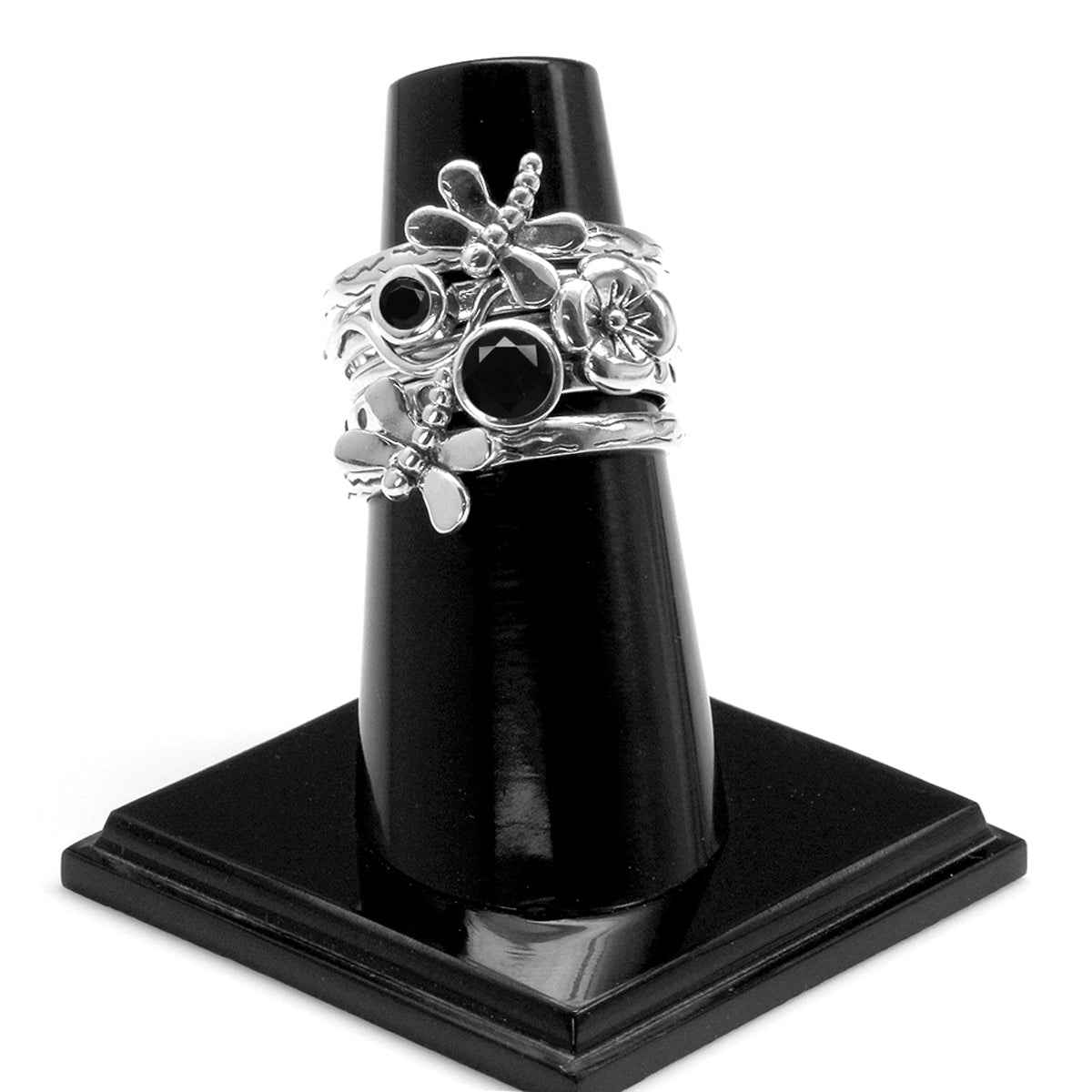 Set of 4 Natural Black Onyx 925 Sterling Silver Dragonfly & Flower Stack/Stackable Rings