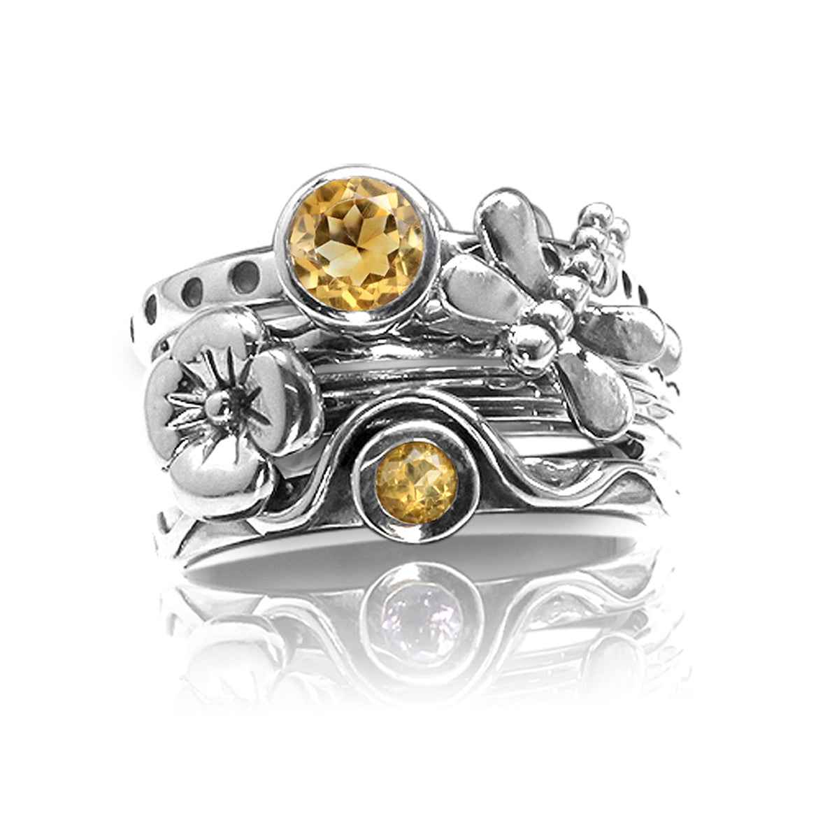 Set of 4 Genuine Yellow Citrine 925 Sterling Silver Dragonfly and Flower Stackable Gemstone Ring