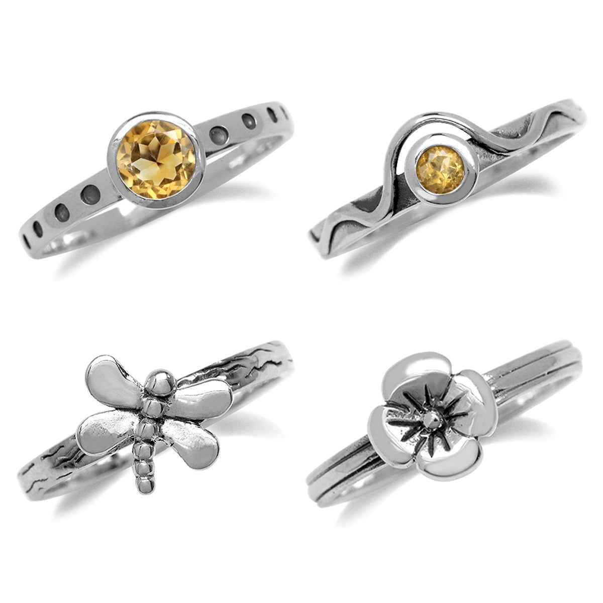Set of 4 Genuine Yellow Citrine 925 Sterling Silver Dragonfly and Flower Stackable Gemstone Ring