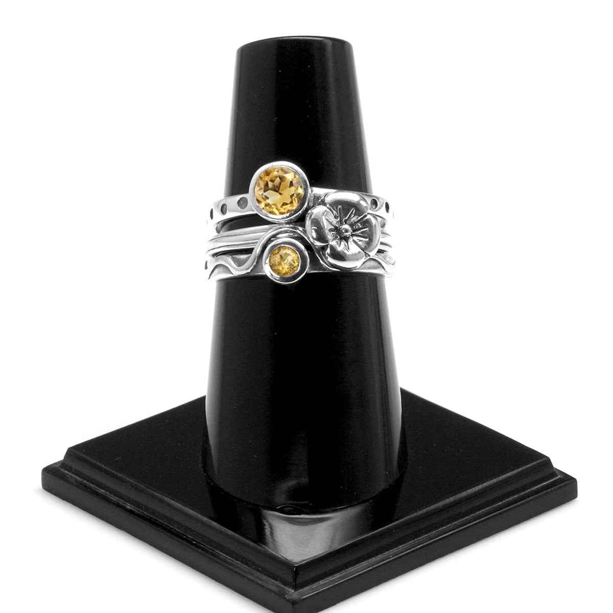 Set of 4 Genuine Yellow Citrine 925 Sterling Silver Dragonfly and Flower Stackable Gemstone Ring