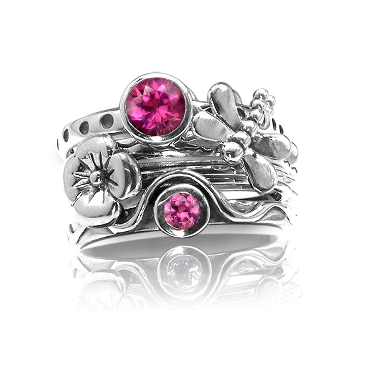 Set of 4 Created Pink Tourmaline 925 Sterling Silver Dragonfly and Flower Stackable Gemstone Ring