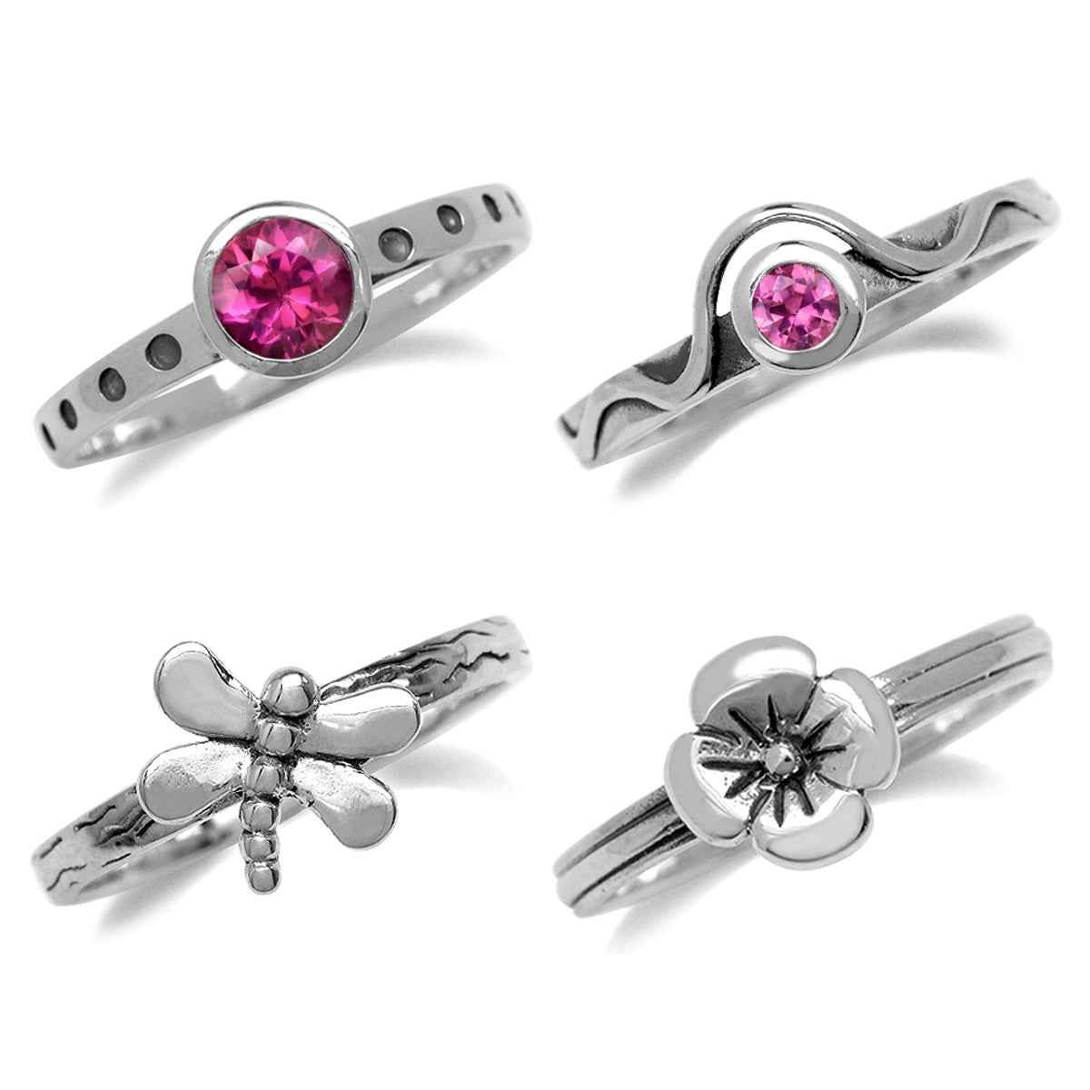 Set of 4 Created Pink Tourmaline 925 Sterling Silver Dragonfly and Flower Stackable Gemstone Ring