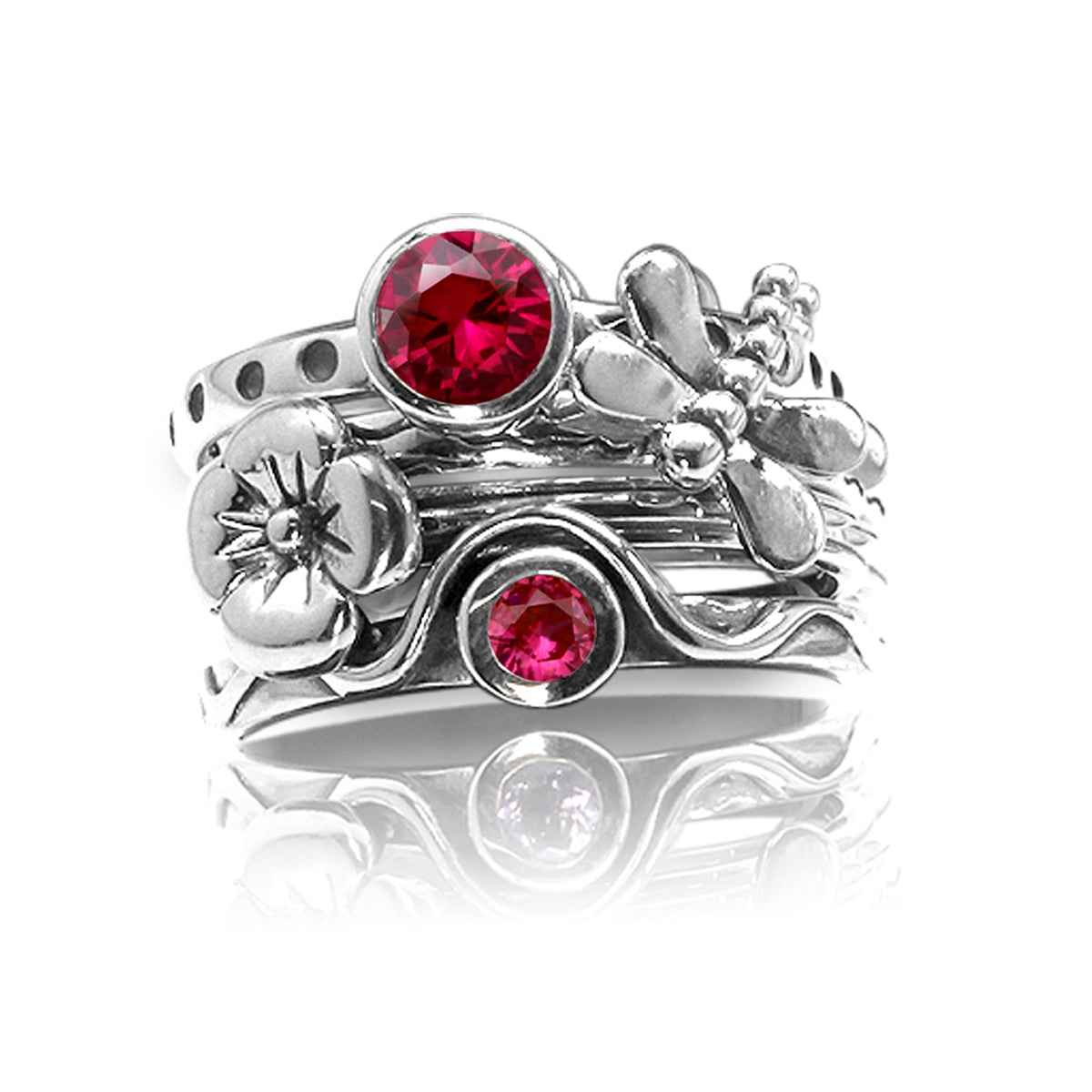 Set of 4 Simulated Red Ruby 925 Sterling Silver Dragonfly and Flower Stackable Gemstone Ring