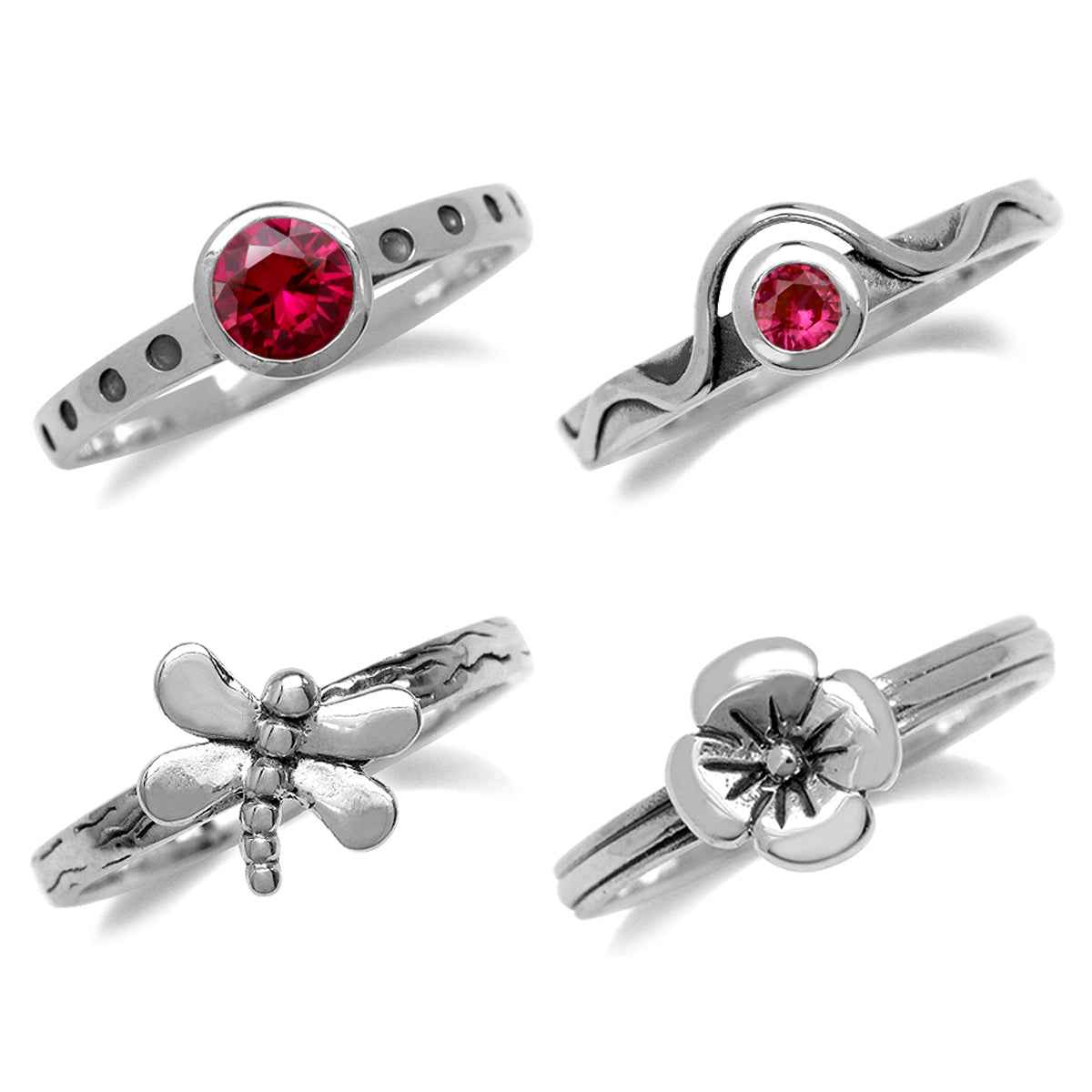Set of 4 Simulated Red Ruby 925 Sterling Silver Dragonfly and Flower Stackable Gemstone Ring