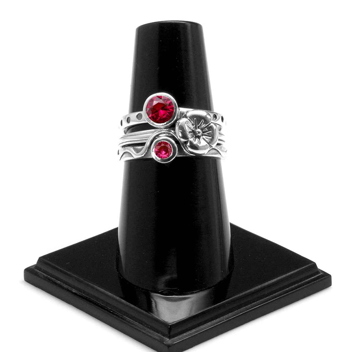Set of 4 Simulated Red Ruby 925 Sterling Silver Dragonfly and Flower Stackable Gemstone Ring