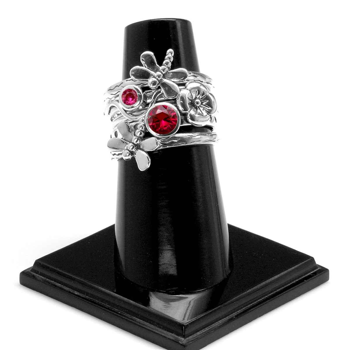 Set of 4 Simulated Red Ruby 925 Sterling Silver Dragonfly and Flower Stackable Gemstone Ring