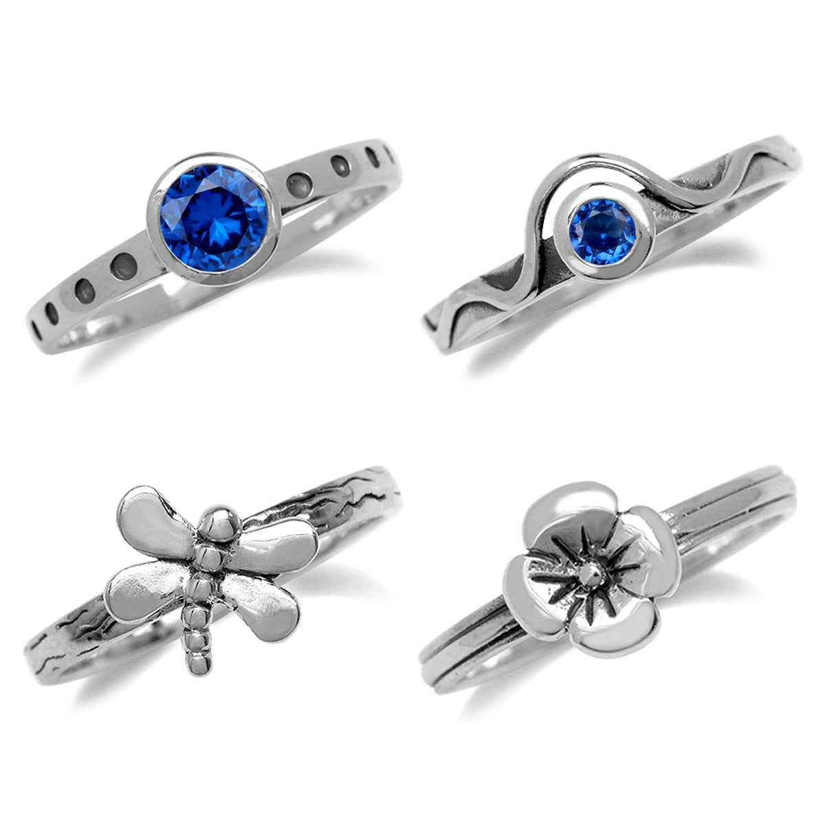 Set of 4 Created Blue Sapphire 925 Sterling Silver Dragonfly and Flower Stackable Gemstone Ring