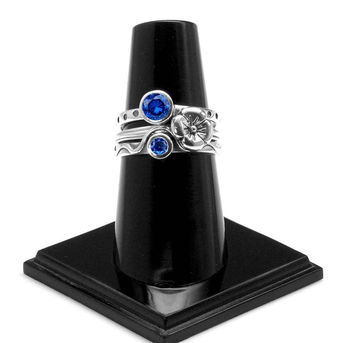 Set of 4 Created Blue Sapphire 925 Sterling Silver Dragonfly and Flower Stackable Gemstone Ring