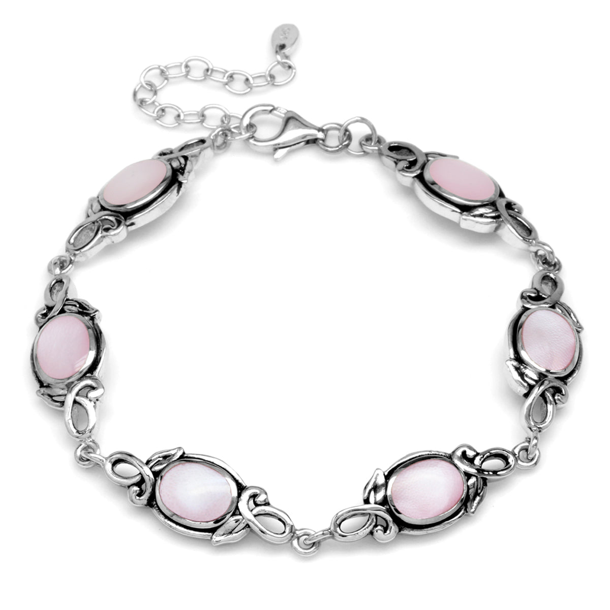 8x6mm Oval Pink Mother of Pearl 925 Sterling Silver Leaf Vintage Inspired 7 to 8.5 Inch Adjustable Bracelet - Silvershake-store