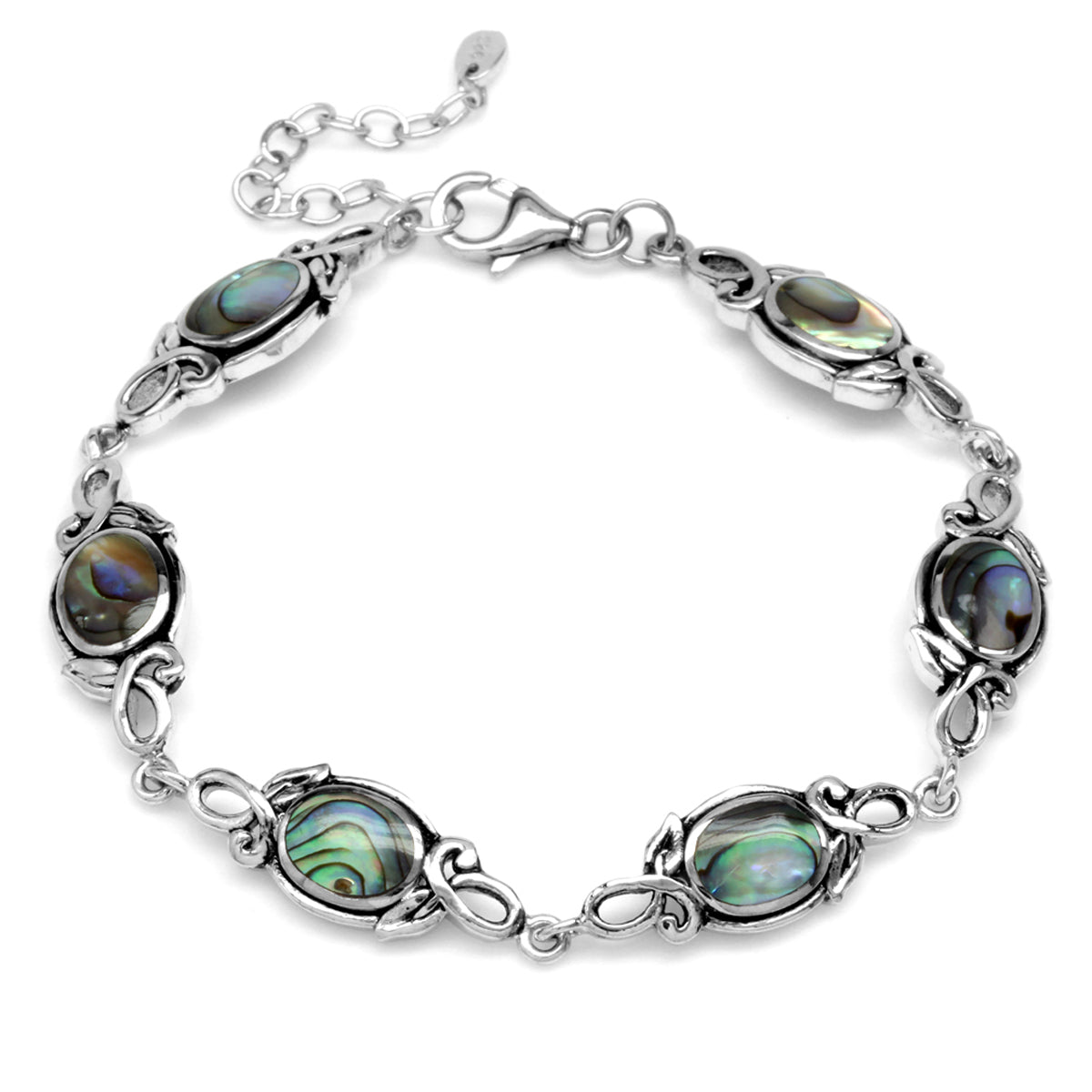 8x6mm Oval Abalone Paua Shell 925 Sterling Silver Leaf Vintage Inspired 7 to 8.5 Inch Adjustable Bracelet - Silvershake-store