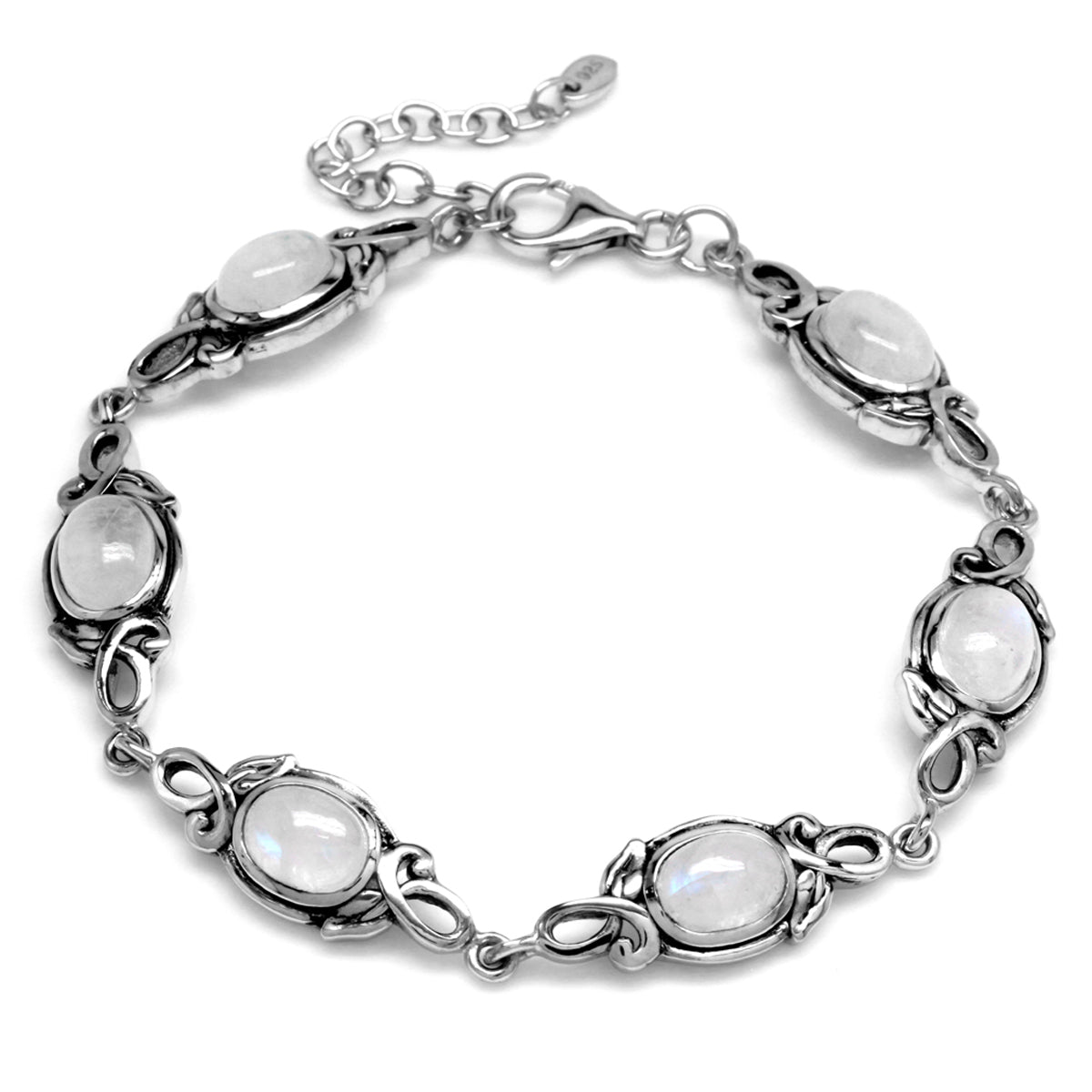 8x6mm Oval Natural Moonstone 925 Sterling Silver Leaf Vintage Inspired 7 to 8.5 Inch Adjustable Bracelet - Silvershake-store