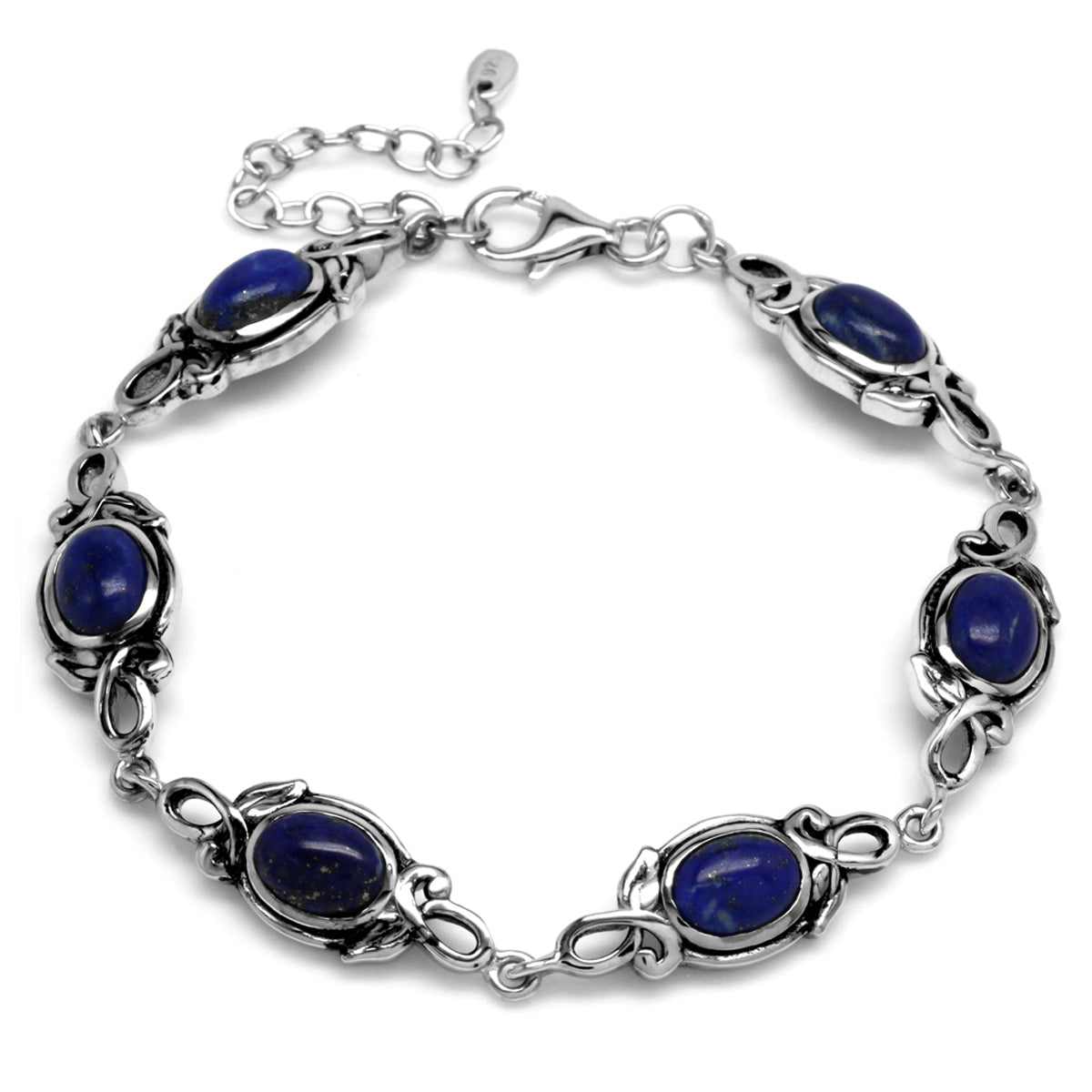 8x6mm Oval Genuine Blue Lapis 925 Sterling Silver Leaf Vintage Inspired 7 to 8.5 Inch Adjustable Bracelet - Silvershake-store