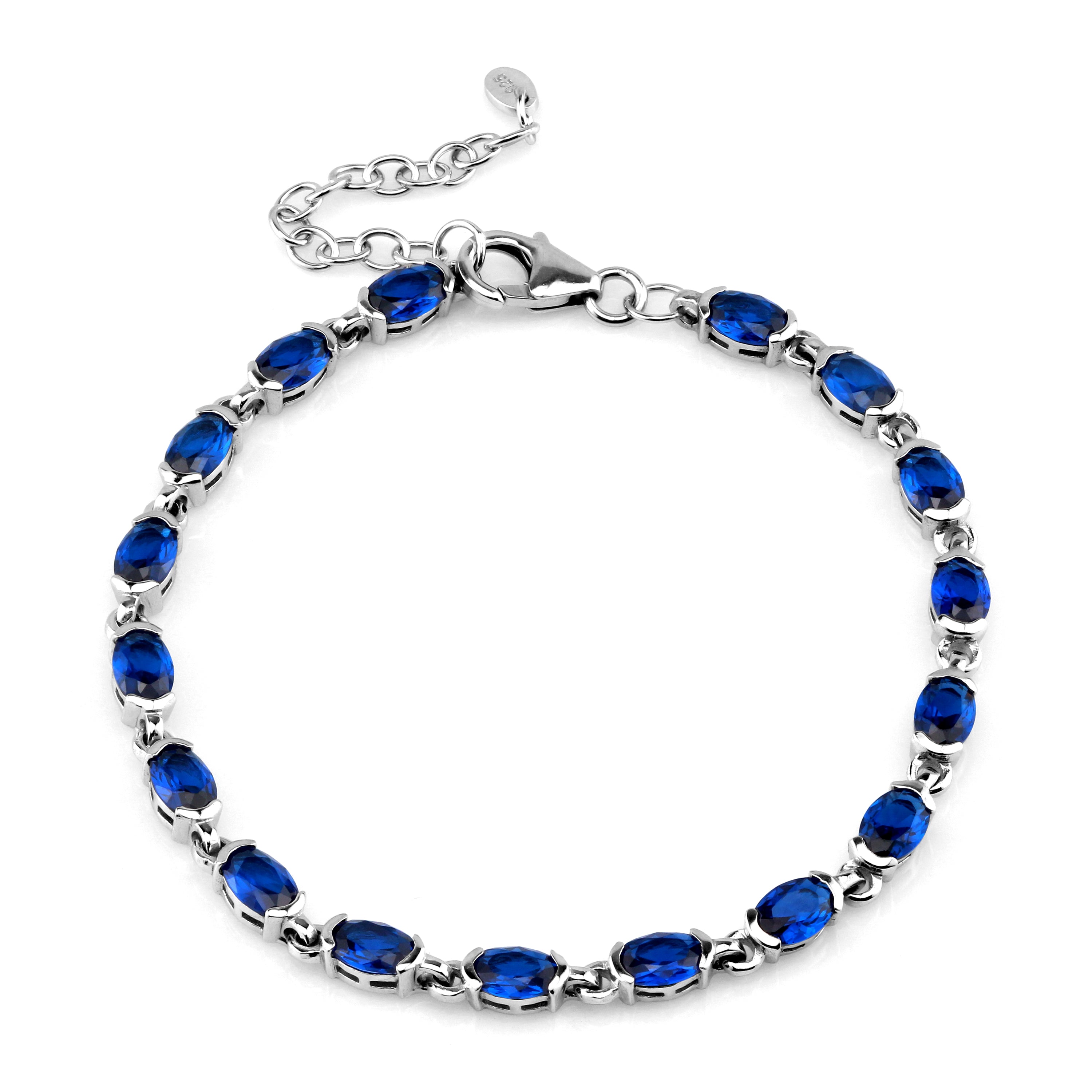 Created Blue Sapphire White Gold Plated 925 Sterling Silver Tennis 7-8.5 Inch Adjustable Bracelet - Silvershake-store