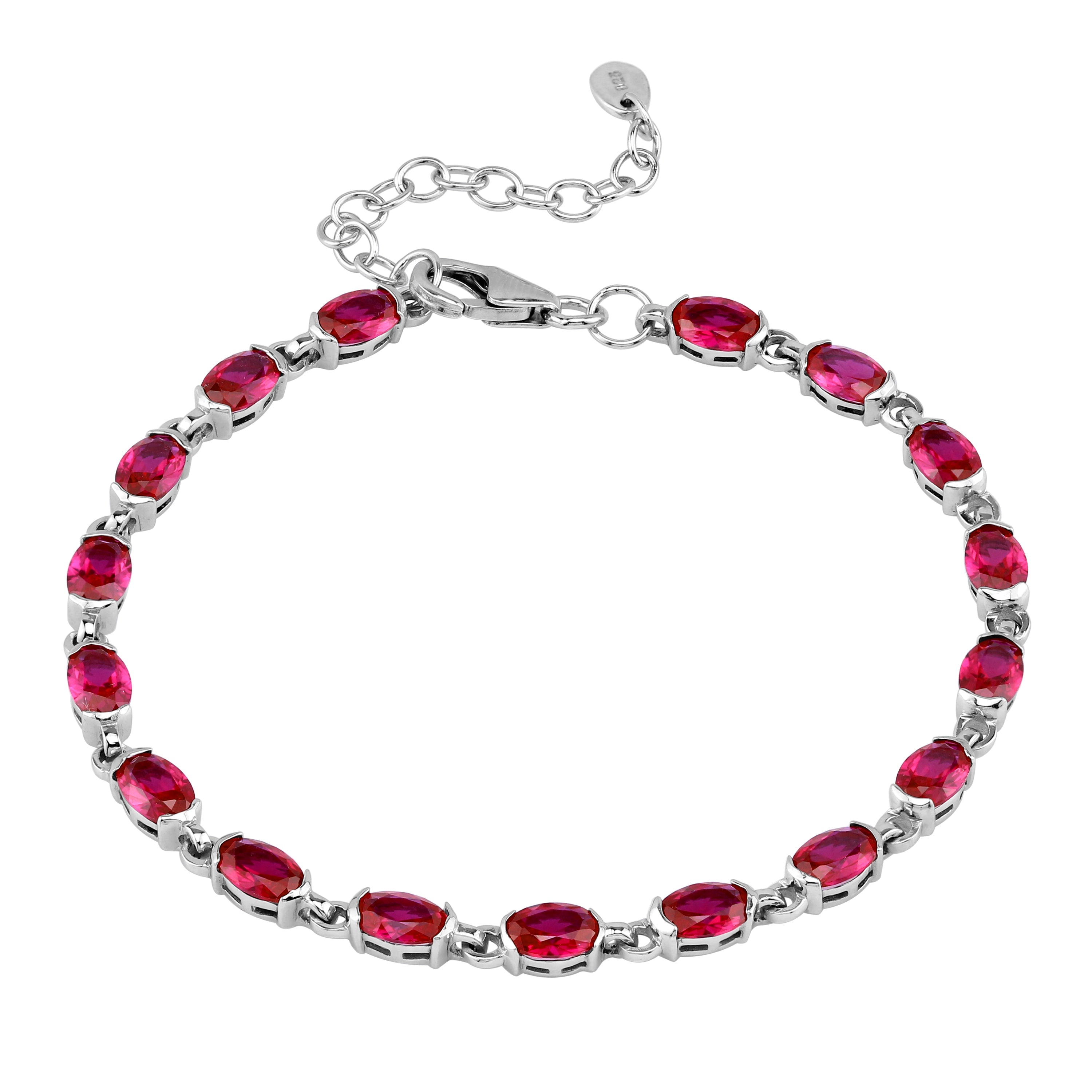 Simulated Oval Shape Red Ruby White Gold Plated 925 Sterling Silver Tennis 7 to 8.5 Inch Adjustable Bracelet July Gemstone Birthstone - Silvershake-store