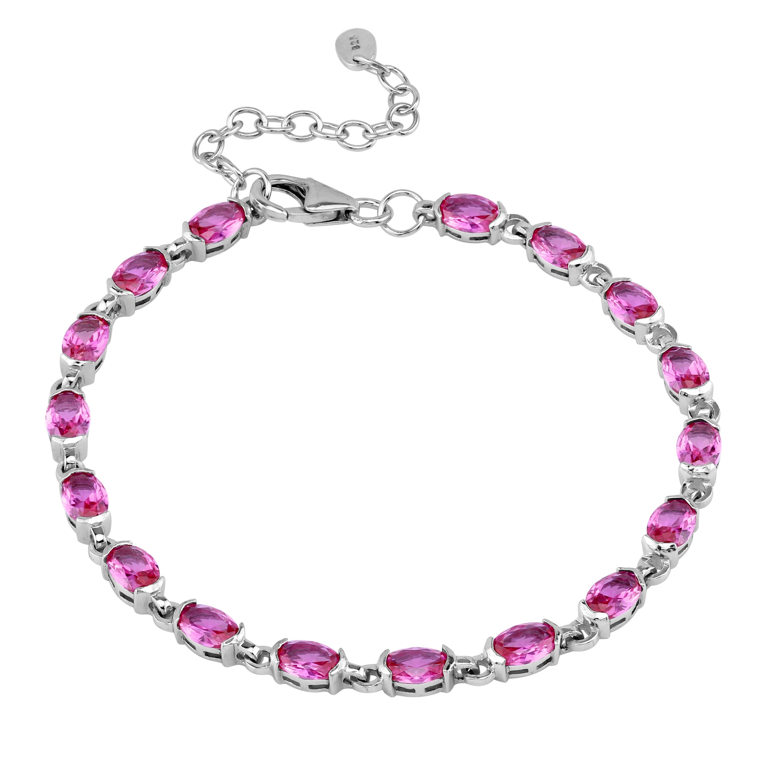 Created Oval Shape Pink Tourmaline White Gold Plated 925 Sterling Silver Tennis 7 to 8.5 Inch Adjustable Bracelet October Gemstone Birthstone - Silvershake-store