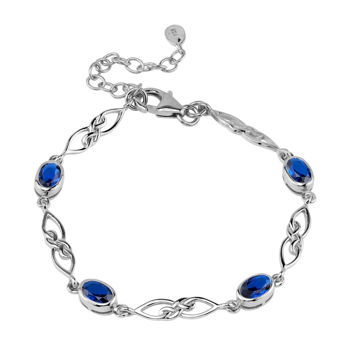 Created Blue Sapphire White Gold Plated 925 Sterling Silver Scroll / Filigree Celtic Knot Weave 6 to 7.5 Inch Adjustable Bracelet September Gemstone Birthstone - Silvershake-store