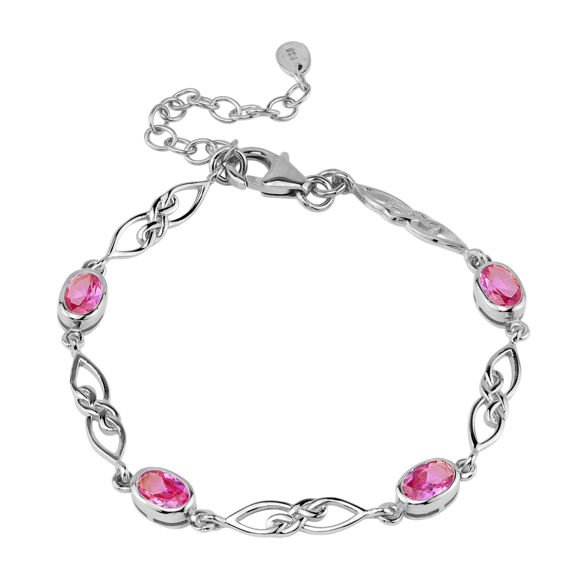 Created Pink Tourmaline White Gold Plated 925 Sterling Silver Scroll / Filigree Celtic Knot Weave 6 to 7.5 Inch Adjustable Bracelet October Gemstone Birthstone - Silvershake-store
