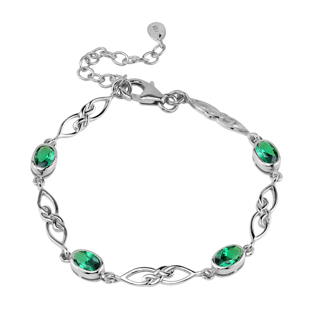 Created Nano Green Emerald White Gold Plated 925 Sterling Silver Scroll / Filigree Celtic Knot Weave 6 to 7.5 Inch Adjustable Bracelet May Gemstone Birthstone - Silvershake-store